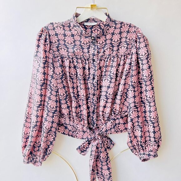 Sandro Helia silk crop top, black/pink, Size 1 - Picture 2 of 11